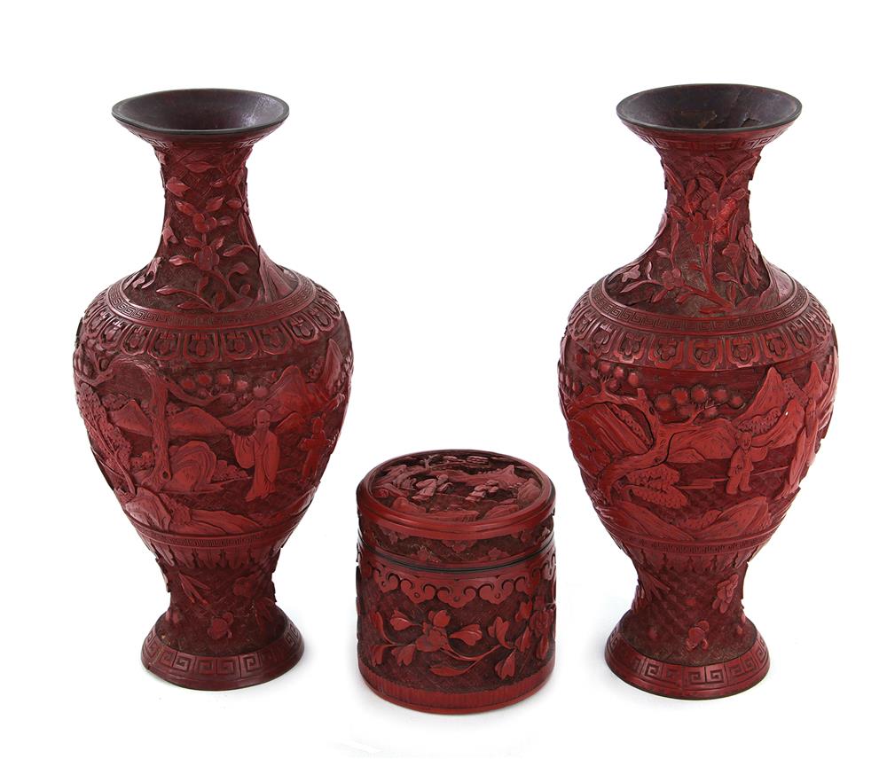 Appraisal: Chinese cinnabar lacquer vases and box th century pair finely-carved