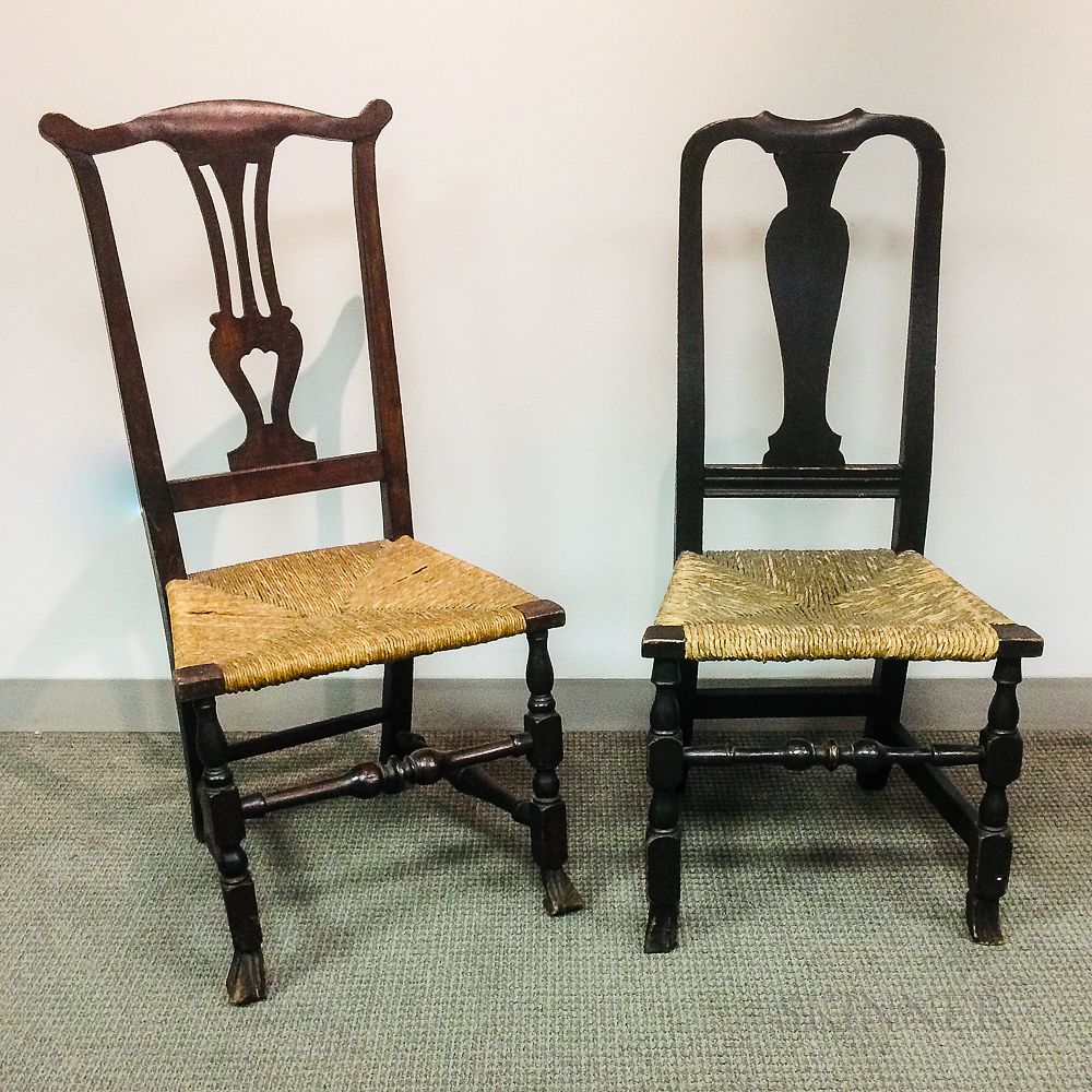 Appraisal: Two Country Brown-painted Spanish-foot Side Chairs Two Country Brown-painted Spanish-foot