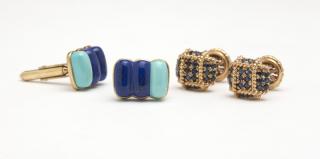 Appraisal: Two pairs of stone and gold cufflinks One K gold