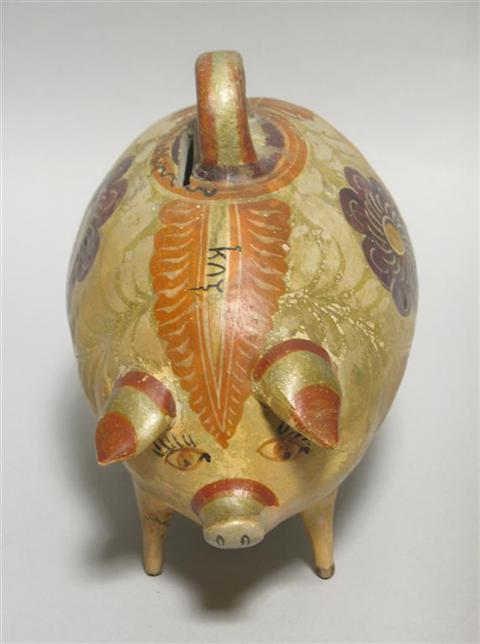 Appraisal: CHALKWARE PAINTED FIGURE OF A PIG BANK Possibly Mexican th