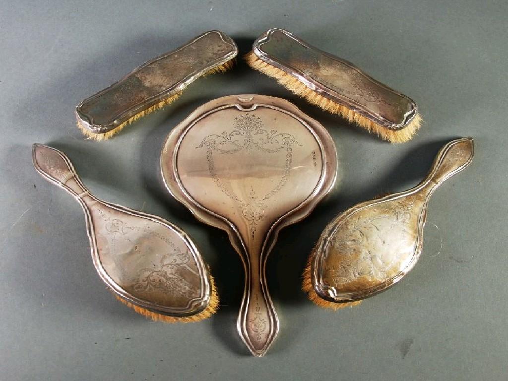 Appraisal: FIVE PIECE GEORGE V ENGRAVED SILVER BACKED DRESSING TABLE HAND