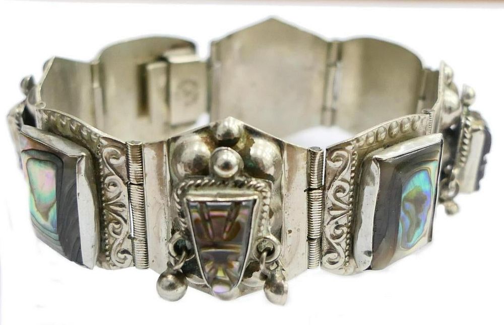 Appraisal: VINTAGE HEAVY STERLING MEXICAN ABALONE BRACELET Measures ' long and