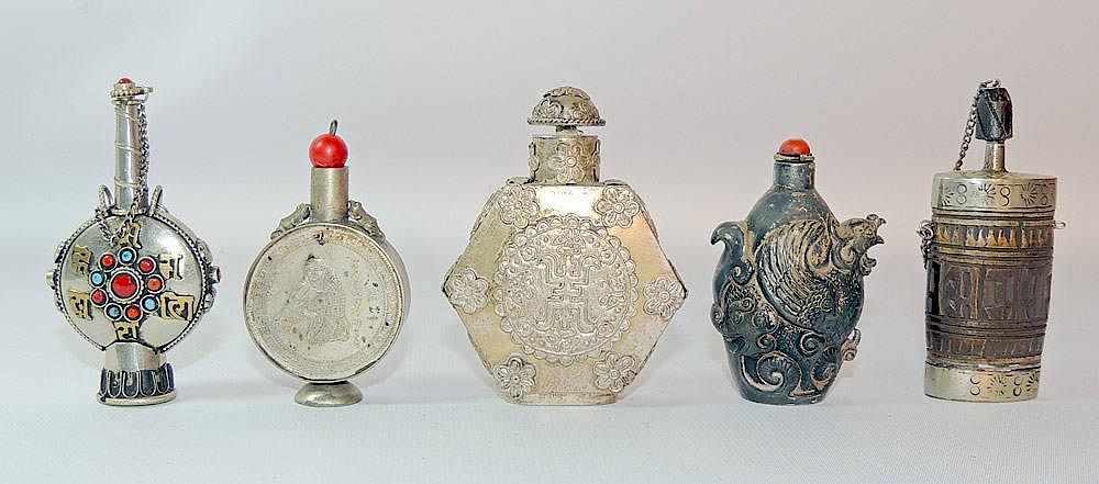 Appraisal: Five Mongolian Snuff Bottles Five Mongolian snuff bottles Tallest -