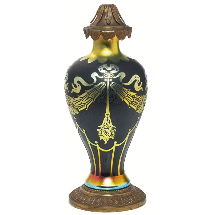 Appraisal: Steuben lamp shouldered form in dark glass with a cameo