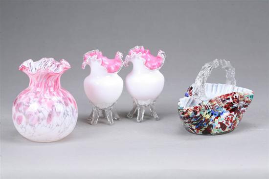 Appraisal: FOUR PIECES OF GLASS Two footed vases with ruffled rims