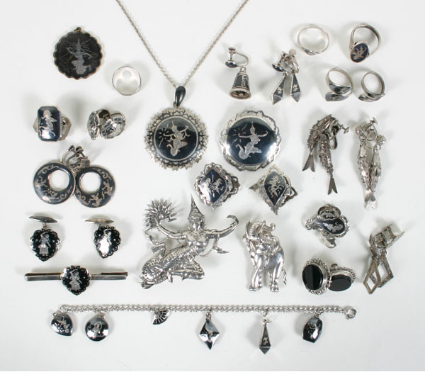 Appraisal: Siam sterling silver jewelry pc assortment including two large hollow