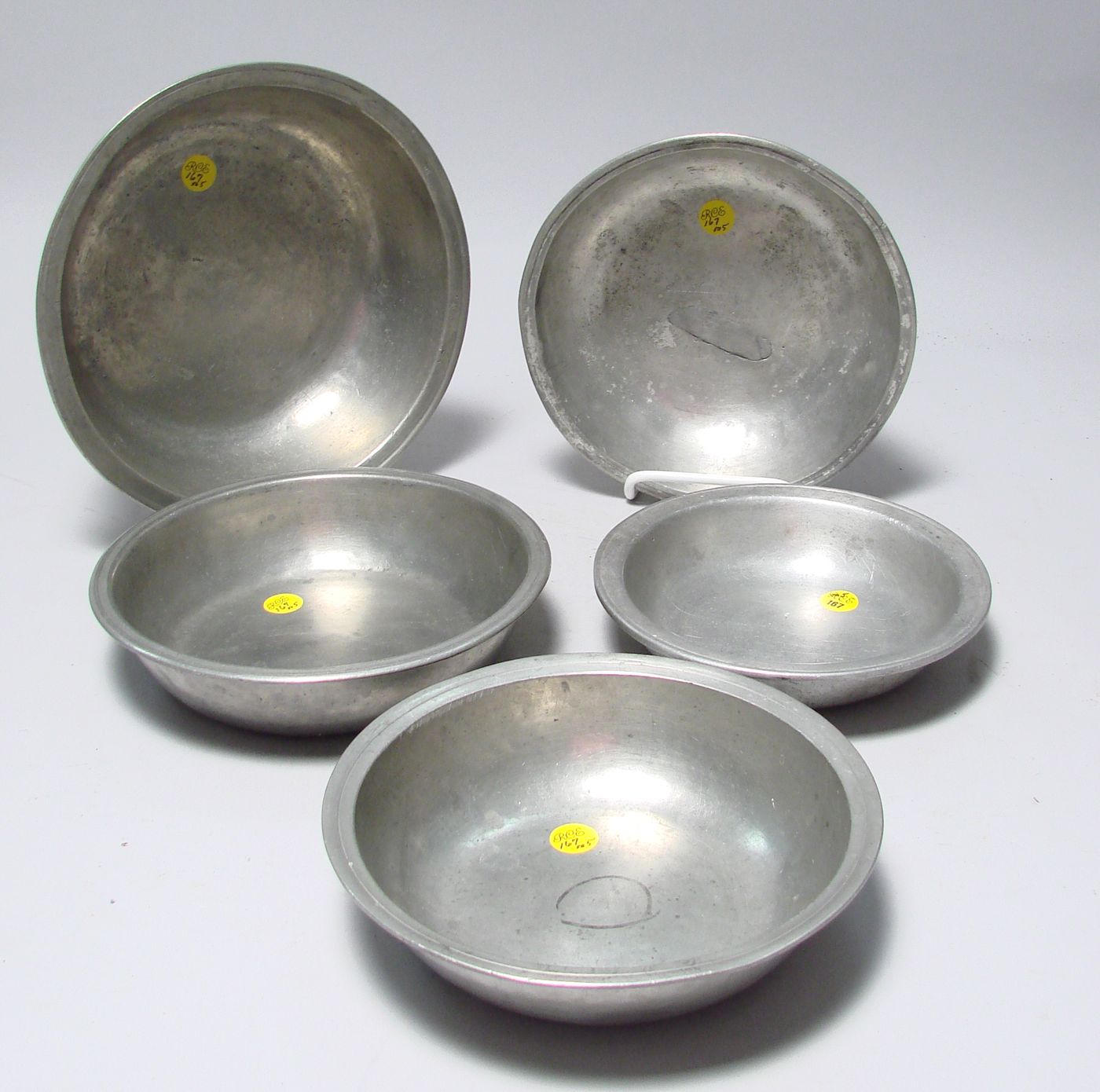 Appraisal: FIVE ANTIQUE ENGLISH PEWTER BOWLS th CenturyOne diameter one repaired