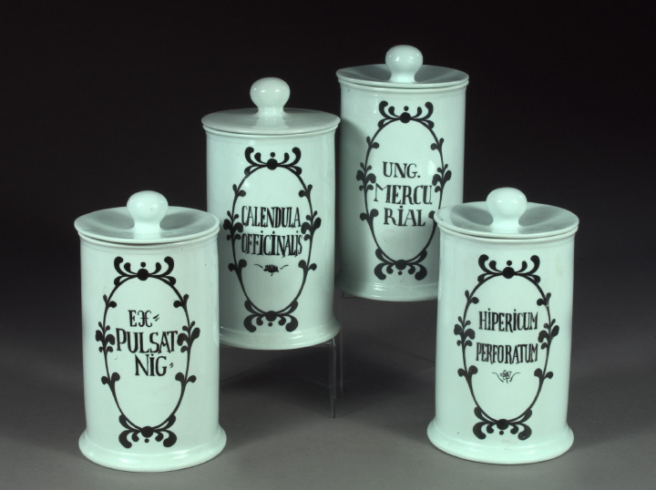 Appraisal: Set of Four Porcellain Woestunroos Holland Cylindrical White Ironstone Apothecary