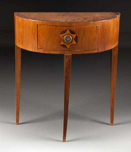 Appraisal: Italian Neoclassical style inlaid walnut demilune single-drawer stand th century