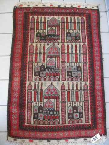 Appraisal: Persian Prayer Rug design with buildings reds ivory ' ''