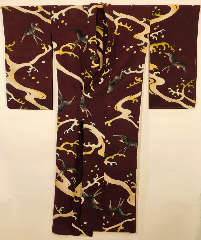 Appraisal: JAPANESE MAROON AND BIRDS SUMMER KIMONO Japan - th CenturyHand