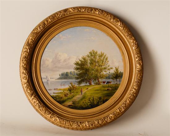 Appraisal: W R Miller Oil on Round Panel of Coastal Scene