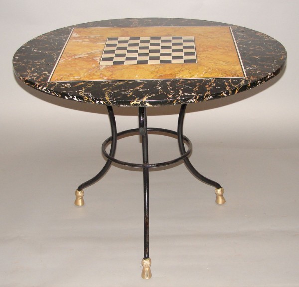 Appraisal: Round checkerboard top in black white and yellow on wrought