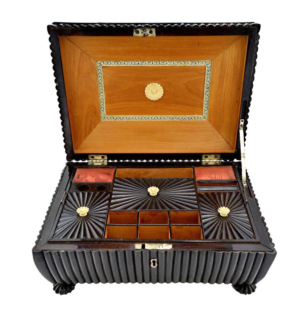 Appraisal: An early th century horn veneered sandalwood Anglo-Indian sewing box