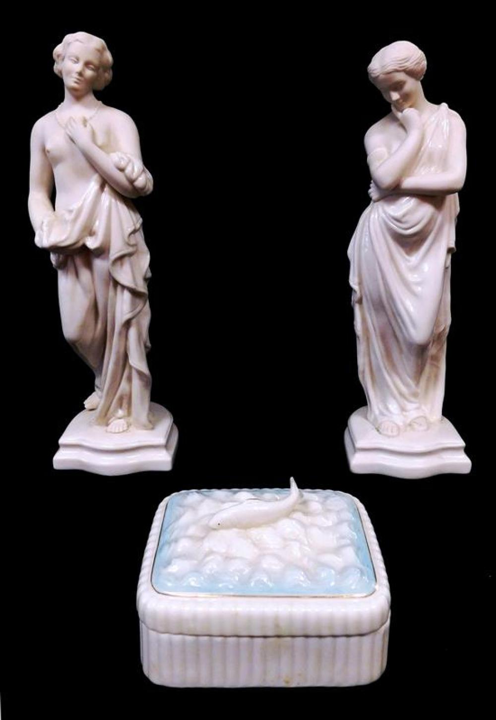 Appraisal: Belleek porcelain three pieces pair classical figures ''''Meditation'''' and ''''Affection''''