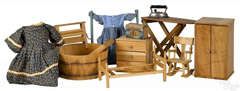 Appraisal: Doll size wood laundry and bedroom furniture Doll size wood