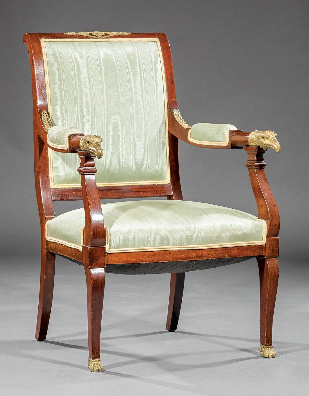 Appraisal: French Restauration Bronze-Mounted Mahogany Fauteuil th c scrolled back padded