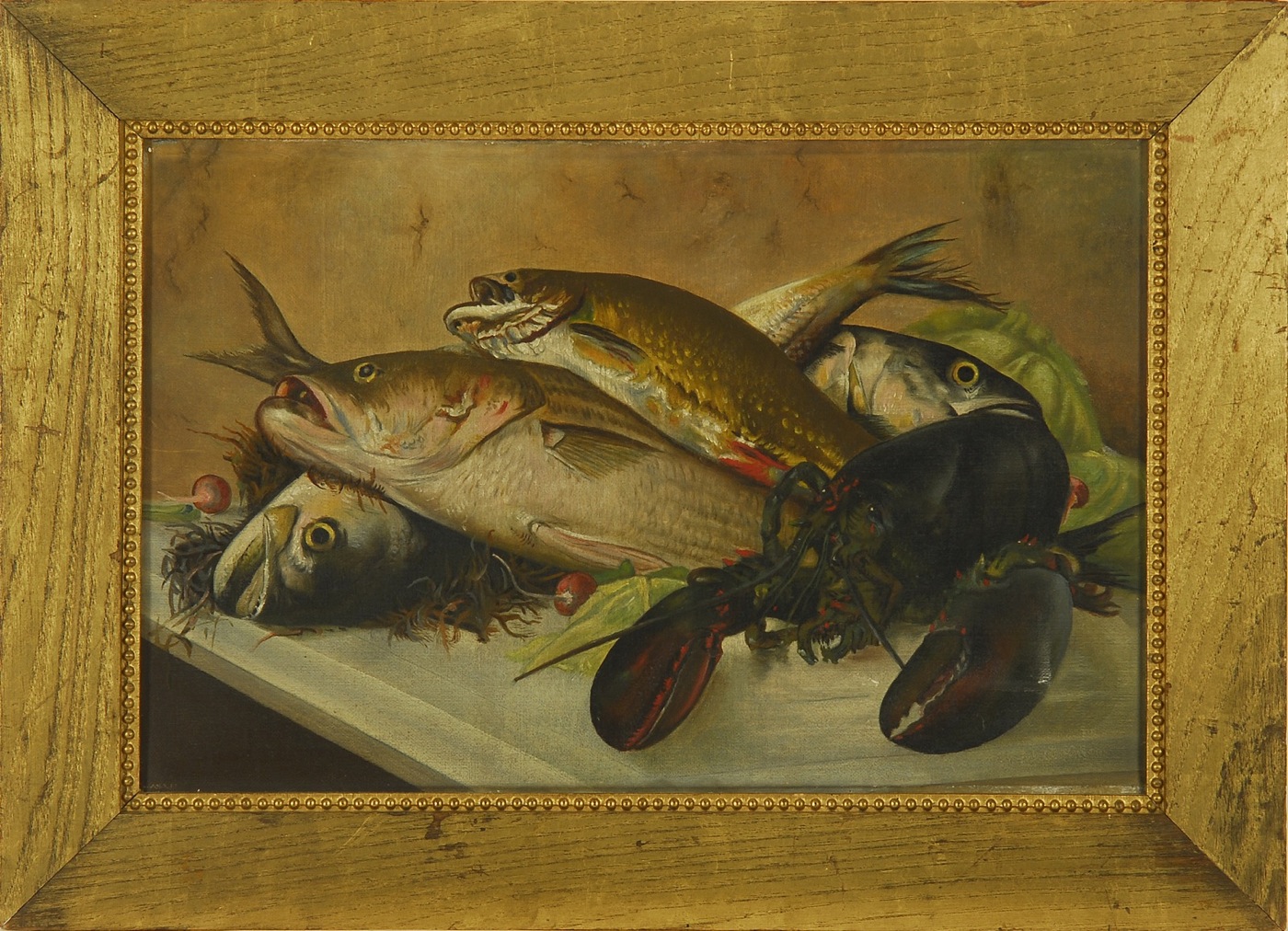 Appraisal: FRAMED PAINTING Tabletop still life with two bluefish striped bass