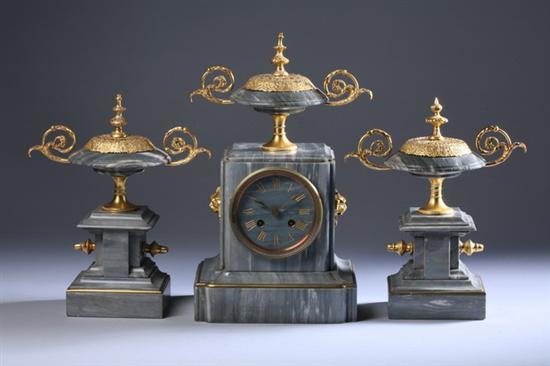 Appraisal: THREE-PIECE EMPIRE-STYLE GREY MARBLE CLOCK GARNITURE Early th century works