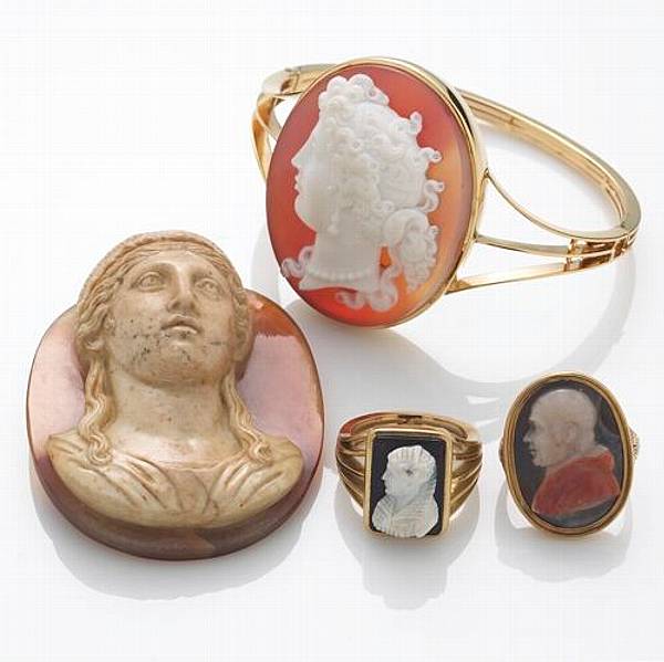 Appraisal: A collection of hardstone cameo and k gold jewelry comprising