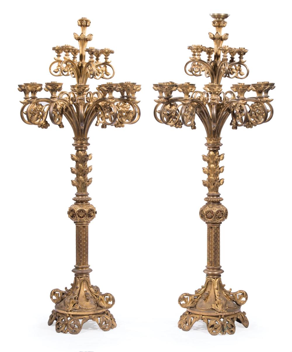 Appraisal: Pair of French Gilt Bronze Nineteen-Light Torcheres in the Gothic