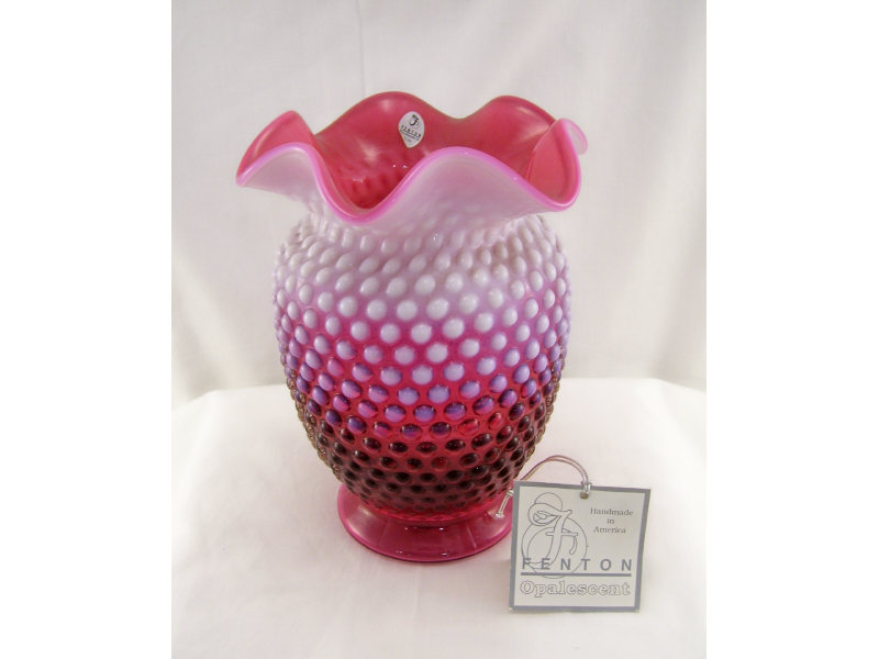 Appraisal: Cranberry Opalescent Hobnail Fenton Vase Cranberry and white opalescent glass