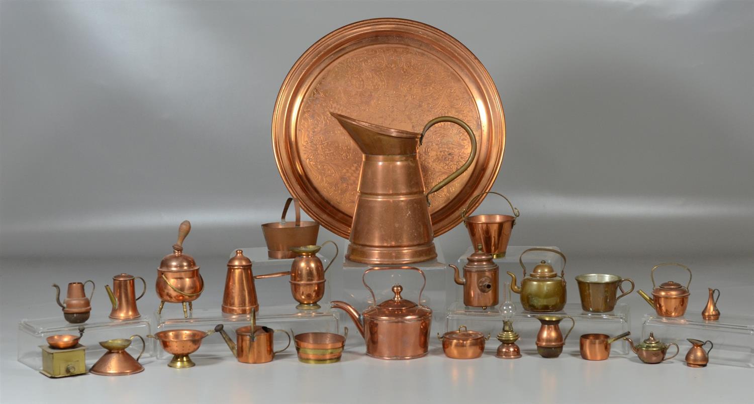 Appraisal: Pieces miniature copper tableware including pots bowls pails candleholders pitchers