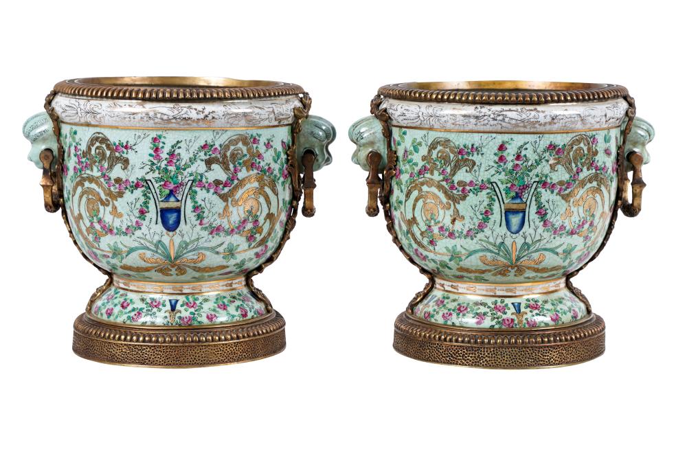 Appraisal: PAIR OF BRONZE-MOUNTED CACHEPOTSeach inches wide inches high Condition