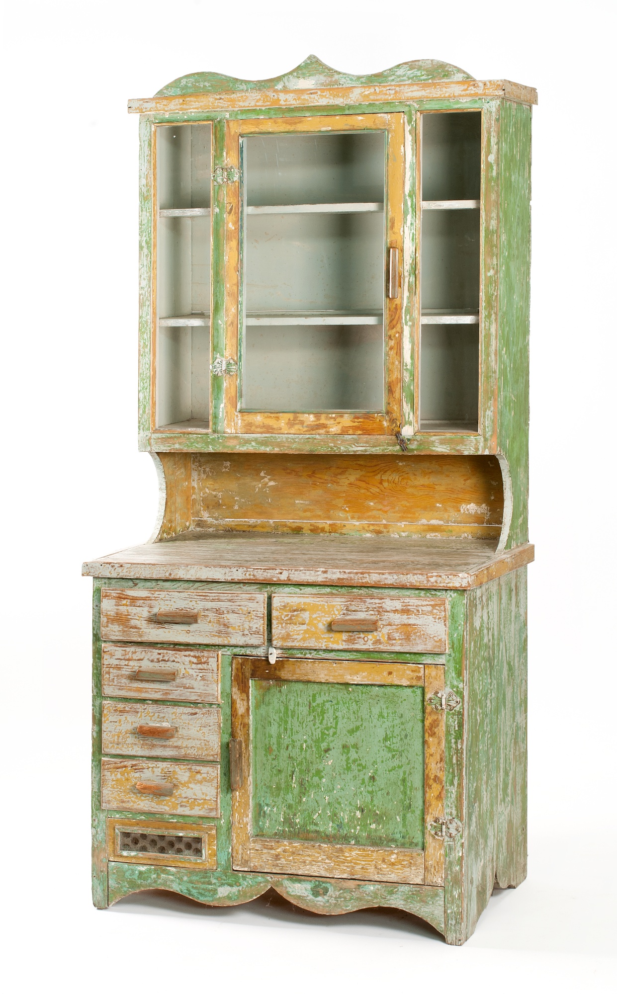 Appraisal: COUNTRY HUTCH th CenturyIn pine under distressed green white and