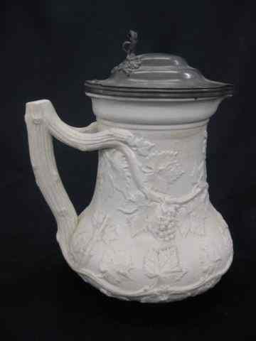 Appraisal: English Salt Glass Jug raised grapevine decor pewter lid ''