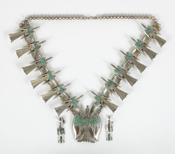 Appraisal: Native American silver eagle necklace and earrings inlaid with turquoise