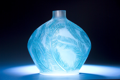 Appraisal: R LALIQUE Vase Plumes clear and frosted with blue patina