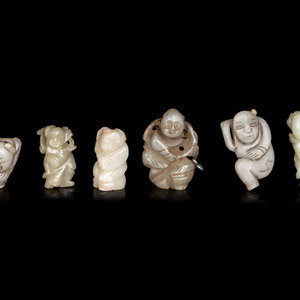 Appraisal: Six Celadon Jade Carvings of Boys each petite figure worked