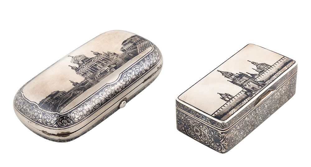 Appraisal: A PAIR OF RUSSIAN SILVER AND NIELLO SNUFF BOXES WORKMASTER