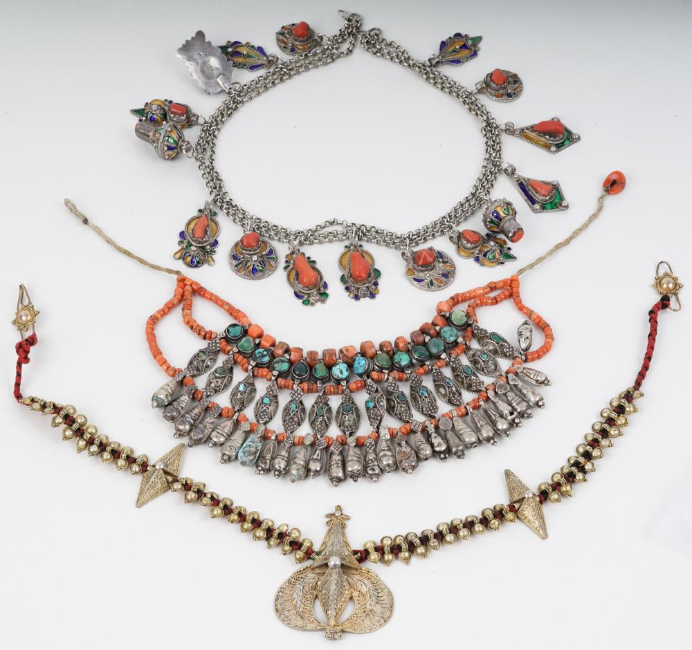 Appraisal: GROUP OF THREE METAL MULTI-STONE NECKLACEScomprising one gilt metal necklace