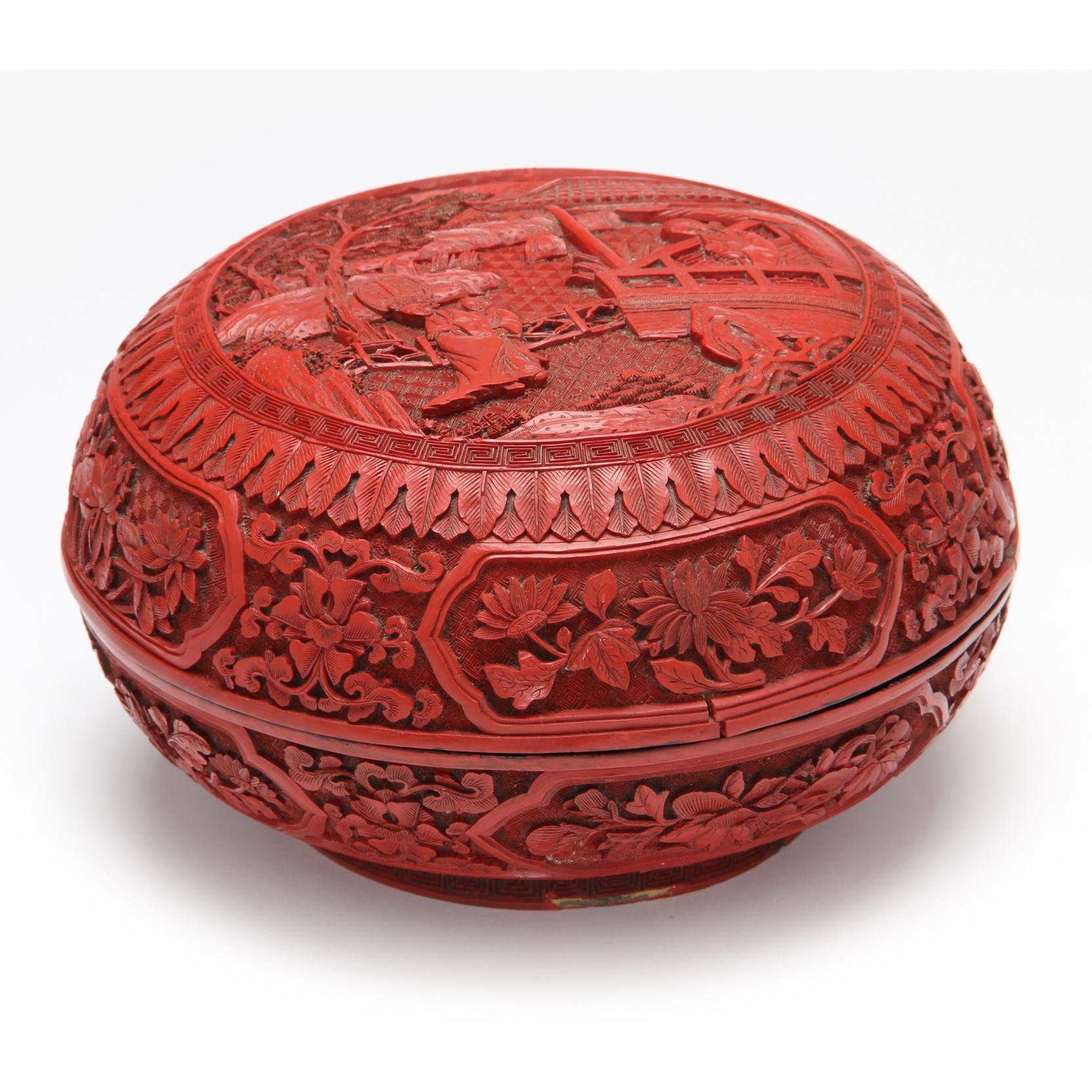 Appraisal: Chinese Carved Cinnabar Box early th century footed form the