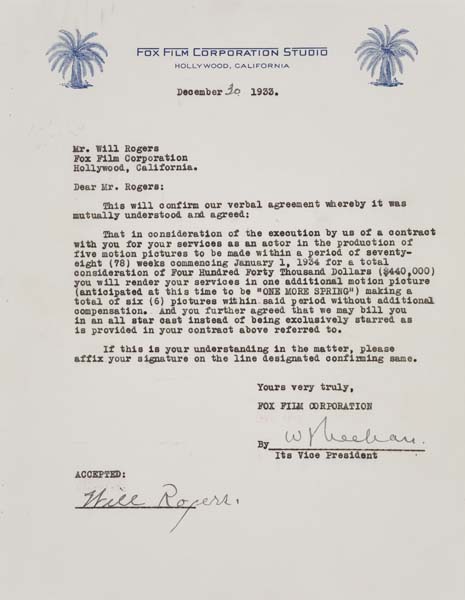 Appraisal: WILL ROGERS Group of typed letters signed by Rogers amending