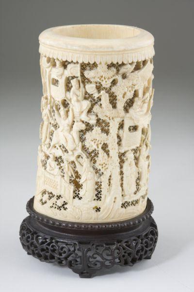 Appraisal: Antique Chinese Ivory Tusk Vase heavily carved with numerous figures