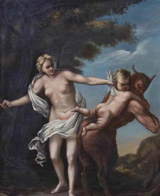 Appraisal: Artist Unknown th century Cupid and Pan oil on canvas