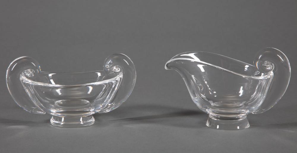 Appraisal: Steuben Glass Snail-Scroll Sugar Bowl and Cream Pitcher etched marks