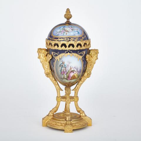 Appraisal: Ormolu Mounted S vres Blue Ground Covered Urn c painted