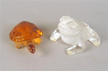 Appraisal: Lalique frosted glass frog and amber glass turtle Each with