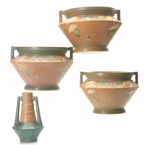 Appraisal: ROSEVILLE Four Futura pieces one two-handled vase with squat green