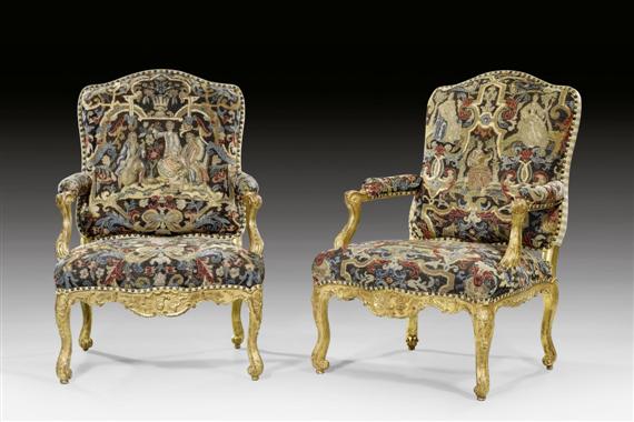 Appraisal: PAIR OF LARGE TAPESTRY FAUTEUILS A LA REINE Regence from