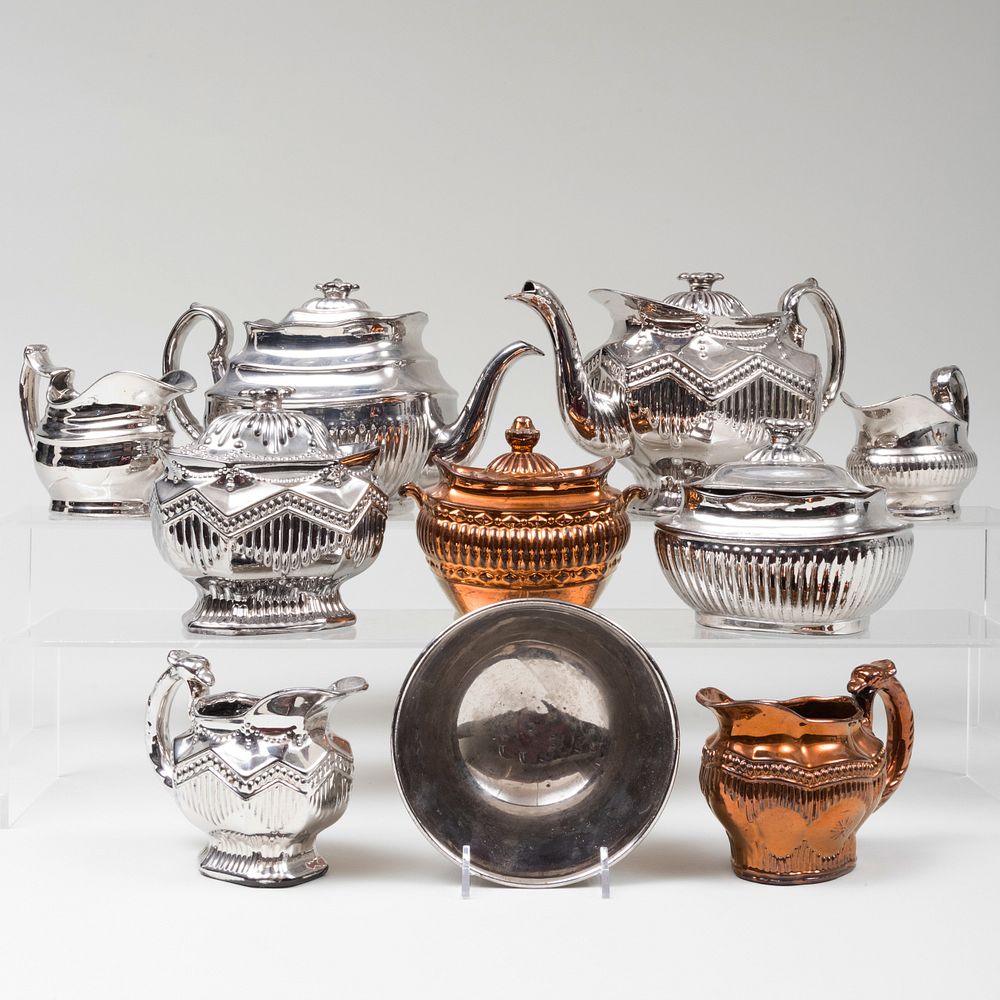 Appraisal: Group of Ten Copper and Silver Lusterware Teawares Comprising Two