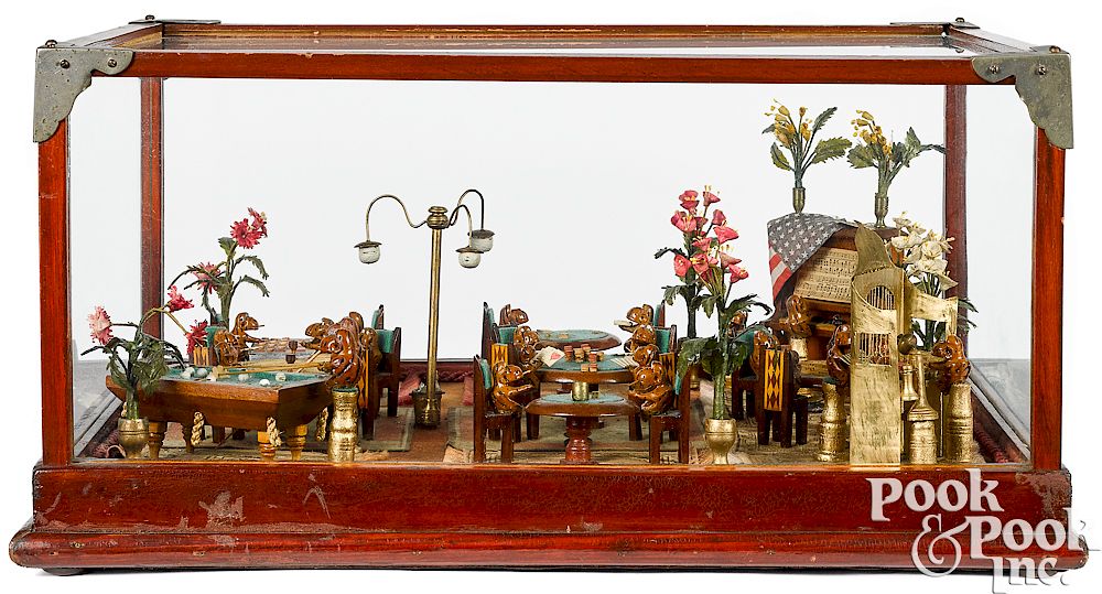 Appraisal: Gambling parlor game room in glass display case Folk art