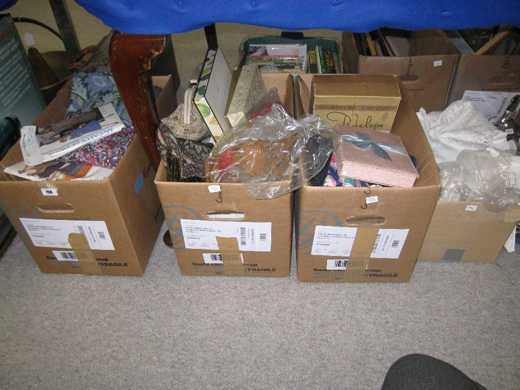 Appraisal: Lot comprising four boxes of sewing materials patterns linen etc