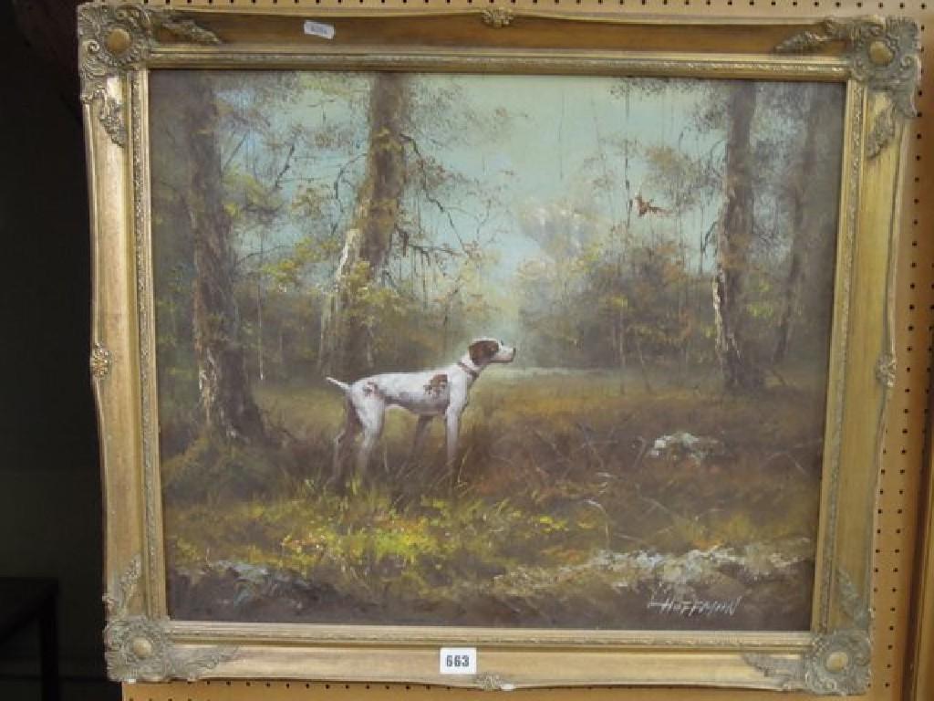 Appraisal: An oil painting on canvas of a pointer dog startling