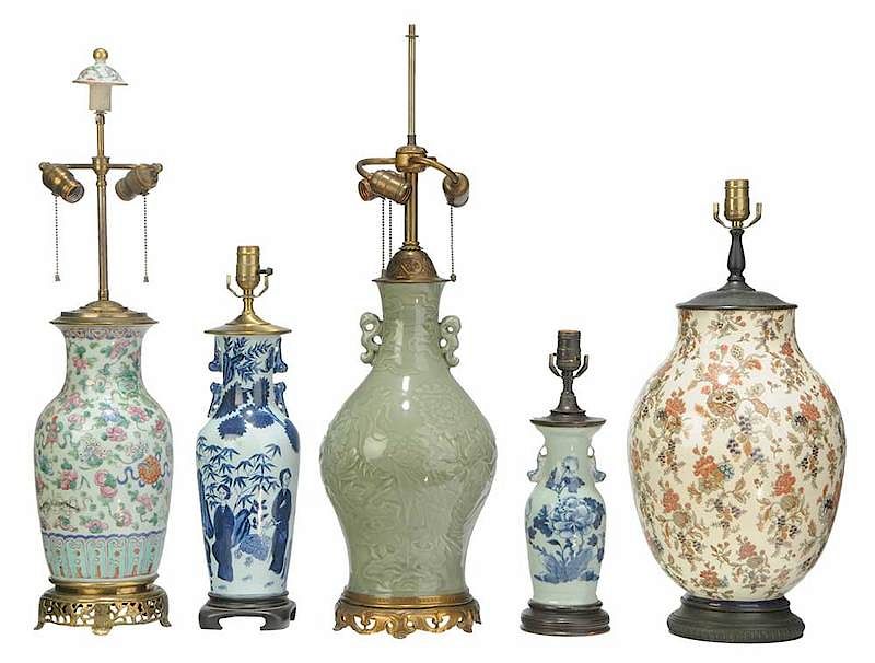 Appraisal: Group of Five Vases Mounted as Lamps Asian British th