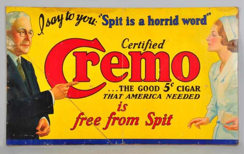 Appraisal: Cardboard Cremo Cigar Sign Mounted on thin paneling Trimmed around